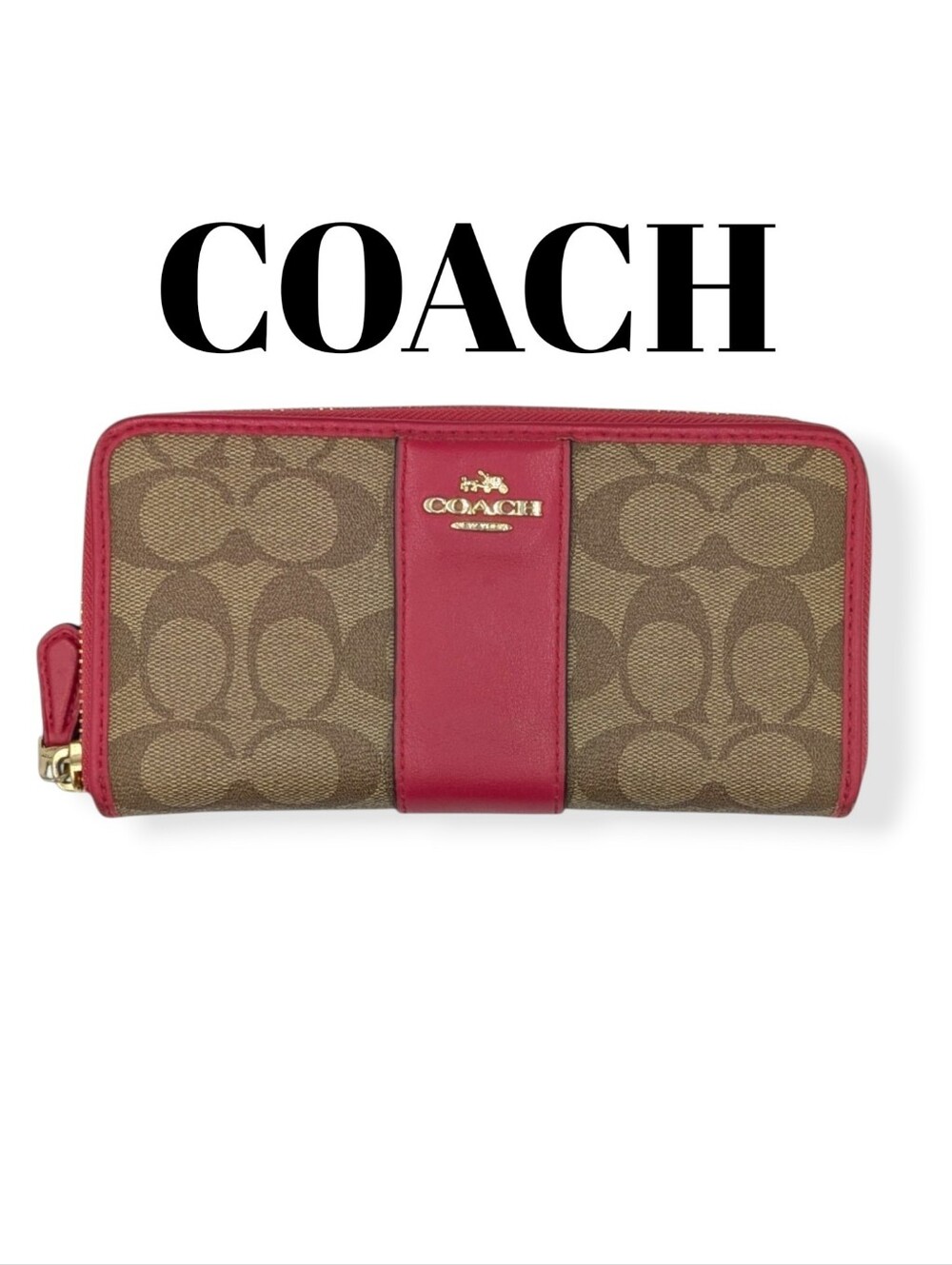 Coach Signature C Coated Canvas & Leather Trim Zip Wallet F54630 Poppy Pink/Red